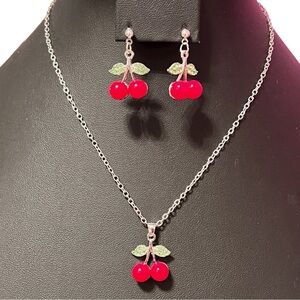 Red Cherry Green Crystal Pendant Silver Tone Necklace and Earring Set